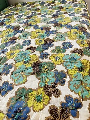 Vintage 1970s Floral Twin Quilted Comforter Chartreuse Turquoise Green Blue ￼ • $65