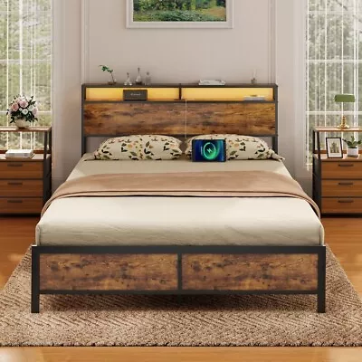Queen Size LED Bed Frame With Storage Headboard Industrial Metal Platform Bed • $139.99