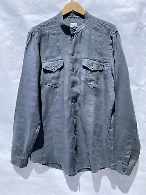 Armani Collezioni Grey Flax Ling Button Down Neck Mao Long Sleeve Pockets XL • $120