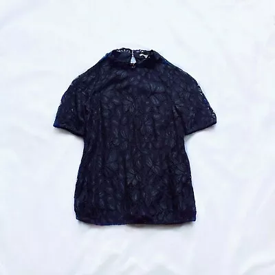 H&M Navy Blue Floral Lace Mock Neck Short Sleeve Relaxed Fit Blouse Top Size XS • $10