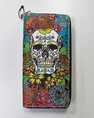 $12.99 • Buy Black Multicolor Sugar Skull Day Of The Dead Floral Wallet Zipper Closure