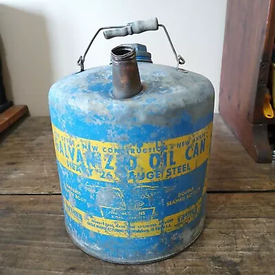 Vintage EAGLE Metal Galvanized 2 Gallon Oil Can With Wooden Handle Blue Yellow • $22.99