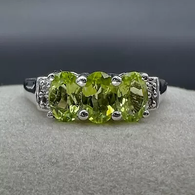 Vintage Sterling Silver Green Peridot & Diamond Accent Cocktail Ring Size 6.75 • $57.49