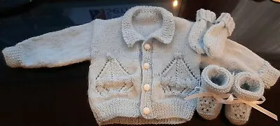 Hand Knitted Baby Boy Newborn Clothes Set Baby Blue *booties Mittens Cardigan* • $22