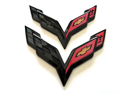 Corvette C7 Front Rear Emblem Badge 2014-2019 Cross Flag Logo Glossy Red Black • $25.85