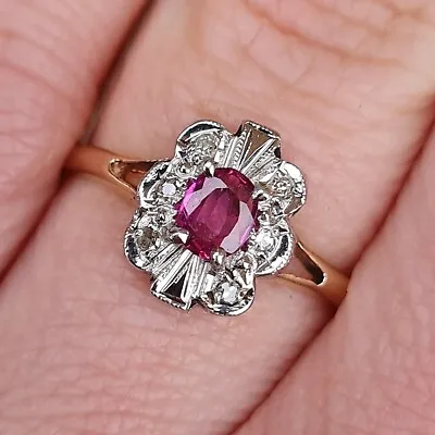 Vintage 1983 Hallmarked Solid 9ct 9k Gold Diamond Ruby Daisy Cluster Ring Size M • £250