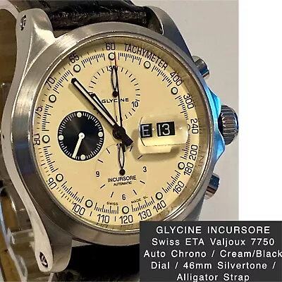 Cream/Blk GLYCINE INCURSORE Valjoux 7750 Swiss Auto Chrono 46mm Slvr Mens Watch • $1295