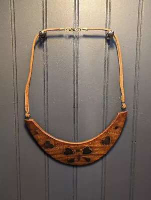 Vintage Handmade Wood And Brass Crescent Necklace • $29