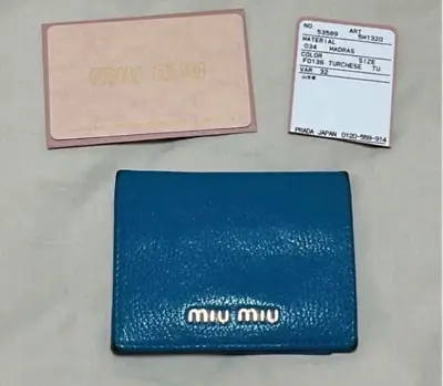 MIU MIU Pass Case Blue Leather Snap Button Gold Logo Wide 10cm Used • $70