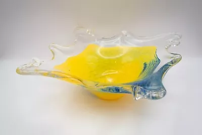 Vintage Murano-Style Splash Blue And Yellow Art Glass Bowl • $34