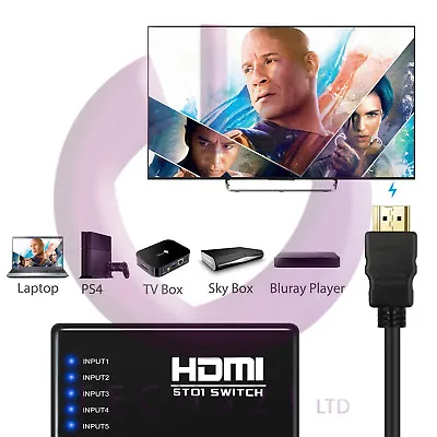 £20 • Buy New 5 Port 1080P Auto Switch 3D HDMI Switcher Selector Splitter Hub + IR Remote