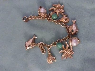 Vintage Gold Tone Sarah Coventry Fish Ocean Bracelet ~  Sea Charms  Missing 2 • $25