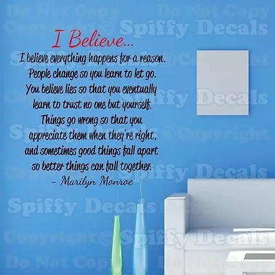 I BELIEVE MARILYN MONROE Quote Vinyl Wall Decal Decor Art Sticker • $22.92