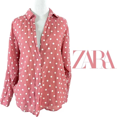 $12.99 • Buy Zara Embroidered Polka Dot Button Down Shirt Top Size XS Oversized Dusty Rose