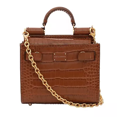 DOLCE & GABBANA Croco Textured Leather Crossbody Bag SICILY 62 Micro Brown 11635 • $340.80