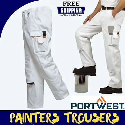 PORTWEST White Painters Trousers Decorators Multi-Pocket 100% Cotton Work Pants • £25.89