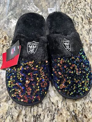 NFL Football Oakland Raiders Women’s Size Large Fuzzy Black Sequins Slippers NWT • $17.99