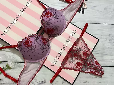 Victoria's Secret Very Sexy Push-Up Bra Thong Set Lipstick Lilac Embroided Rose • $81.03