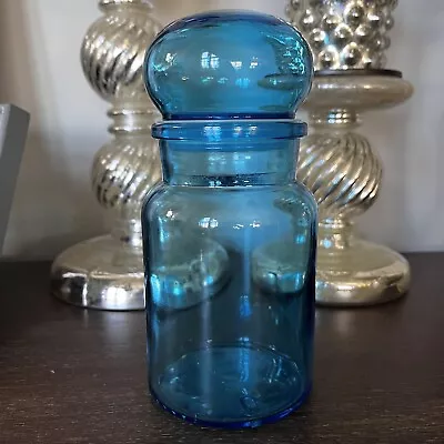 Vintage Apothecary Jar Blue Glass Bubble Lid Belgium Bottle MCM 7 Inch • $16.99