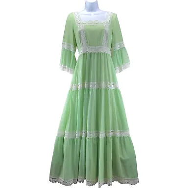 Vintage 1970s Nadine Prom Dress Medium Green Ivory Dotted Swiss Maxi Formal Gown • $109.99