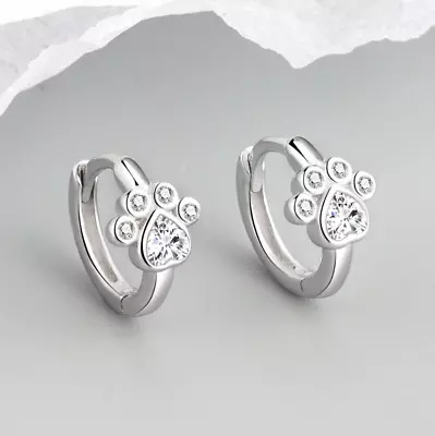 925 Sterling Silver Plated Small Paw Print CZ Huggie Hoop Earrings 10mm Gift TH2 • $5.95