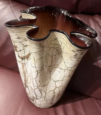 LARGE Jozefina Krosno Brown Handkerchief Vase 10” Marble Art Glass Vintage • $49.98