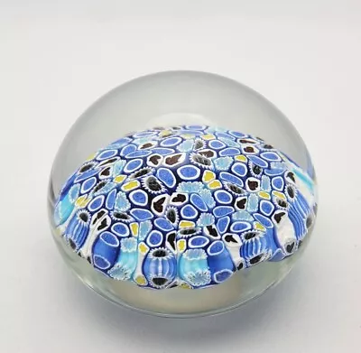 Vintage Murano Millefiori Art Glass 2.5  Paperweight Cane Blue White & Sticker • $35