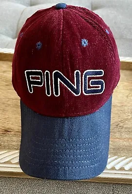 Vtg PING Made In USA Golf Hat Cap By Karsten Leather Strapback Maroon/Navy 90s • $19.99