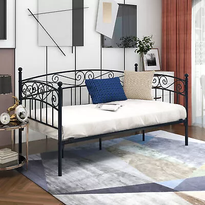 Modern Twin Size Daybed Frame Metal Slat Support Sofa Bed With Headboard Black • $176.99