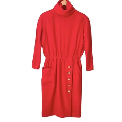 VTG 1980s Valentino Boutique Crepe Long Sleeve Red Dress High Neck Size 10 • $159