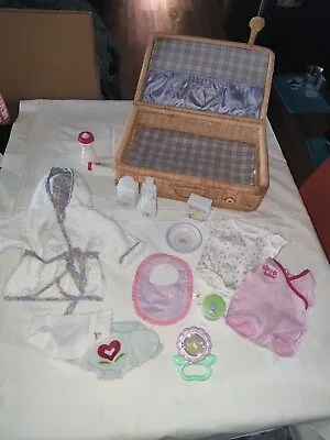 American Girl Bitty Baby Wicker Suitcase Robe Bib Food Sippy Cup Lotion & More • $62.95