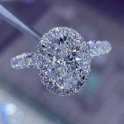 3.97 TCW Oval Cut Moissanite Halo Engagement Ring 14k White Gold Plated • $141.96