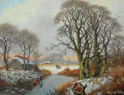 Vincent Selby - Original Oil Painting - Winter Landscape With Frozen River. • £195