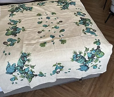 Vintage Linen Tablecloth Fairfield Blue Aqua Flowers Kitchen Ware Rectangle • $49.99