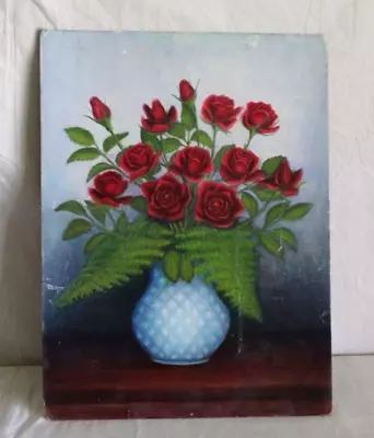 Vintage Folk Art Floral Oil Painting Board Original Primitive Country Roses Red • $69.99