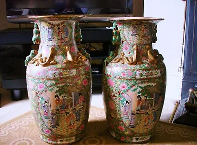 Pair Of Vintage Chinese Cantonese Enamelled Famille Rose Floor Vases • £2900