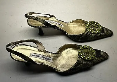 Manolo Blahnik Green Snakeskin Kitten Heel Sling Back Pumps Size 7.5 • $155