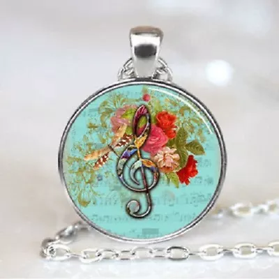Silver 20  Necklace FLOWER MUSIC NOTE Pendant Charm PIANO JAZZ  BLUES ROCK • $16.88