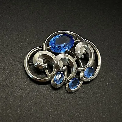 Vintage STERLING SILVER Blue OPEN BACK Crystals FLOURISH BROOCH Signed WRE 2  • $20.99