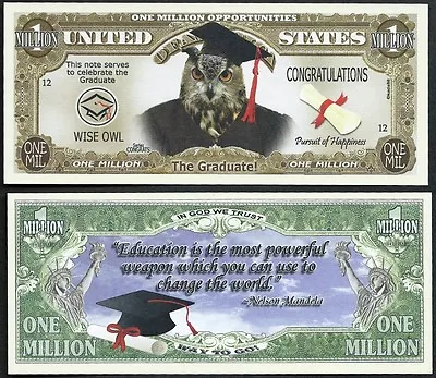 WISE OWL GRADUATION GRADUATE MILLION DOLLAR NOVELTY BILL - Lot Of 2 BILLS  • $2.49