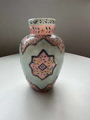 £95 • Buy Antique Victorian Thomas Webb Enamelled Moroccan Pattern Opaline Milk Glass Vase