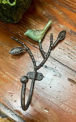 Vintage Painted Cast Iron Metal Bird On A Branch Wall Hanging Hook • $22.79