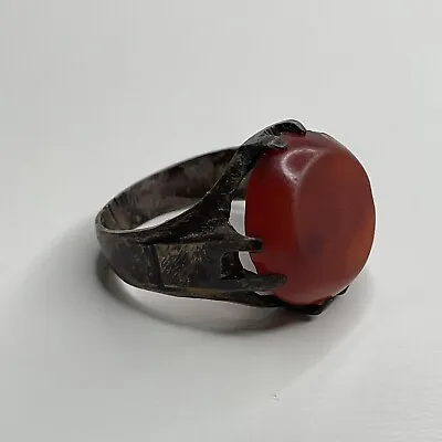Antique Faux Amber Middle Eastern Silver Tone Ring Size 7 Carved Letters Vintage • $14.99
