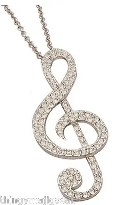 Large Quality Music Note Clef Necklace Pendant Silver Chain Rhinestone Crystals • £4.95