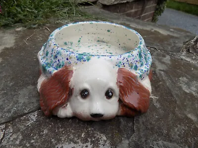 Vtg 3D Speckled Cocker Spaniel Hand Painted Ceramic Food Water Bowl 8.5”x 8.5  • £17.47