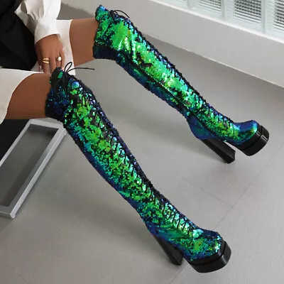 Sequins Women's Glitter Over The Knee Boots Block Heels Lace Up Pumps Round Toe • $99.32