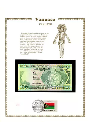 Vanuatu 100 Vatu 1982 P-1a UNC W/FDI UN FLAG STAMP Lucky # BB270444 • $17.50