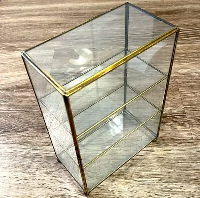 9.75” Vintage Brass Glass Curio Cabinet Display Case W/ Shelf & Door Clip • $65