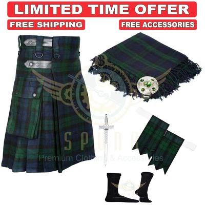 $89 • Buy Scottish Tartan Utility Kilt For Men With Fly Plaid-Brooch -Flashes -Pin-Socks