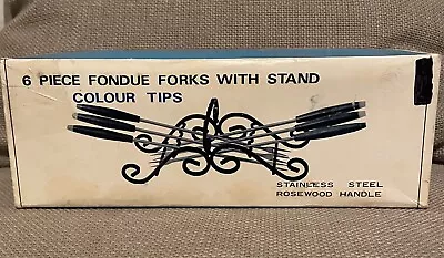 $15.50 • Buy MCM 6 Piece Fondue Forks Colour Tips & Rosewood Handle Black Metal Stand Japan